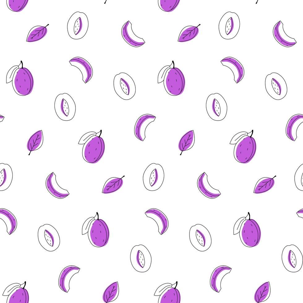 Seamless pattern doodle prunes plum outline with spots. Whole, pieces, and leaves vector