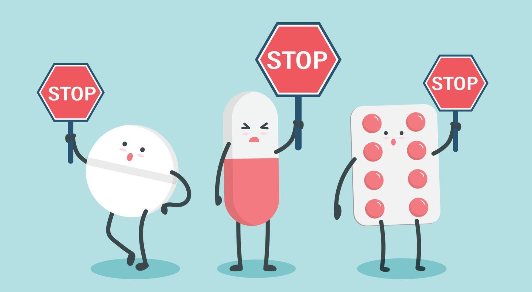 Cut pills holding stop sign character cartoon art illustration vector