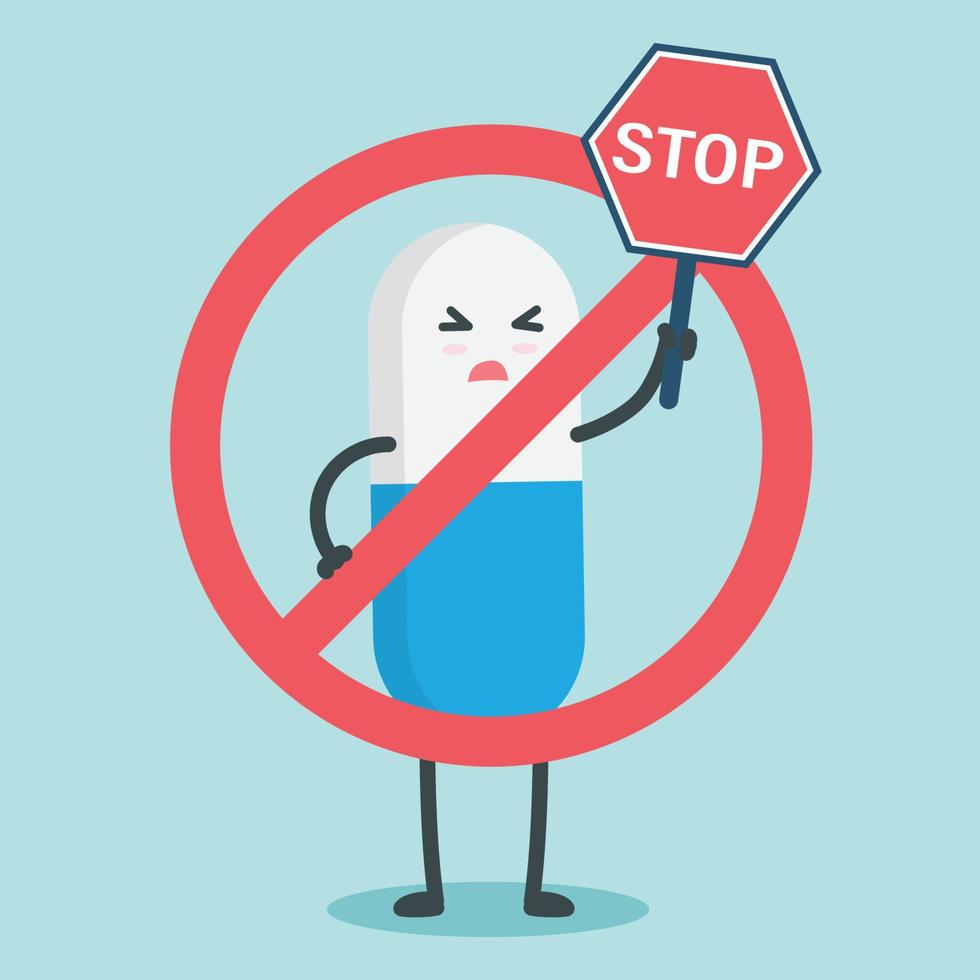 Cut sad pill holding stop sign character cartoon art illustration vector