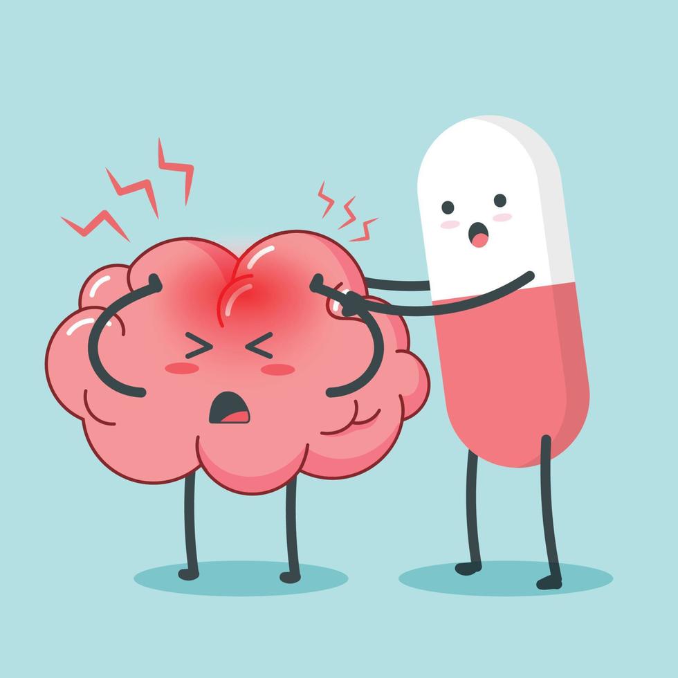 Cut pills and sad brain have a headache character cartoon art illustration vector