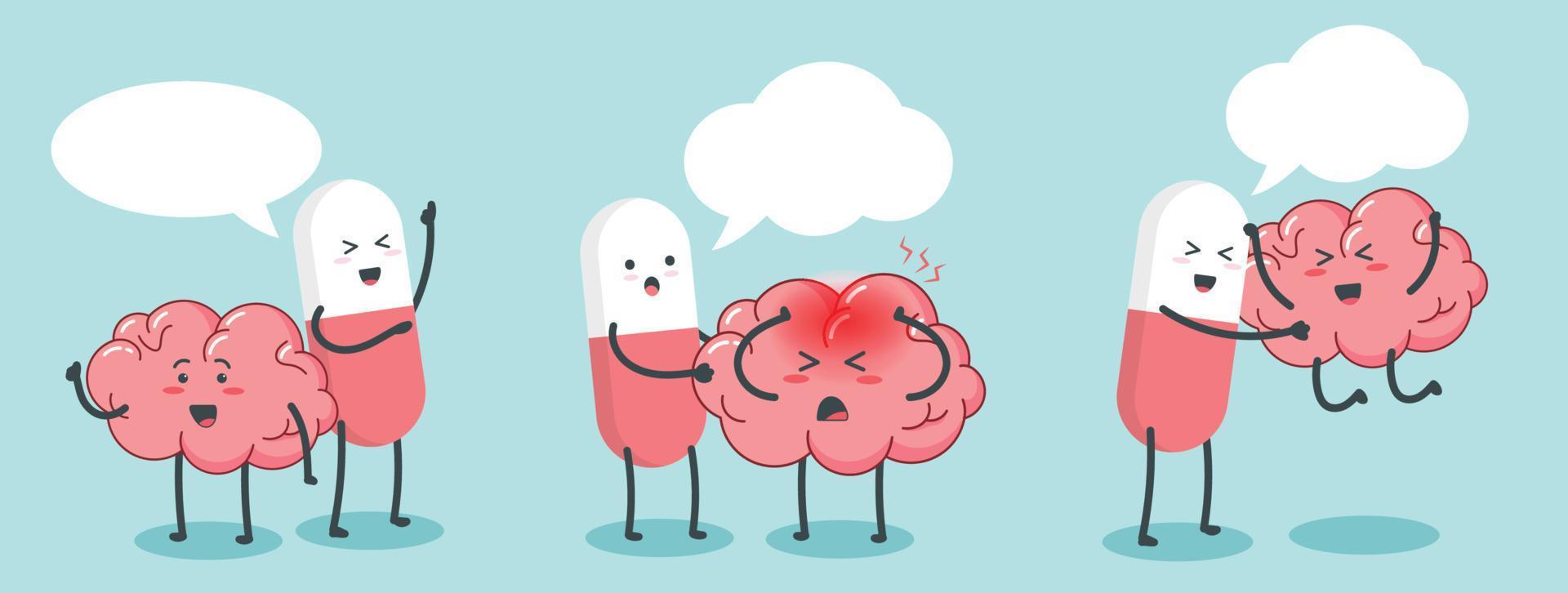 Cut pills and brain with empty speech bubble character cartoon art illustration vector
