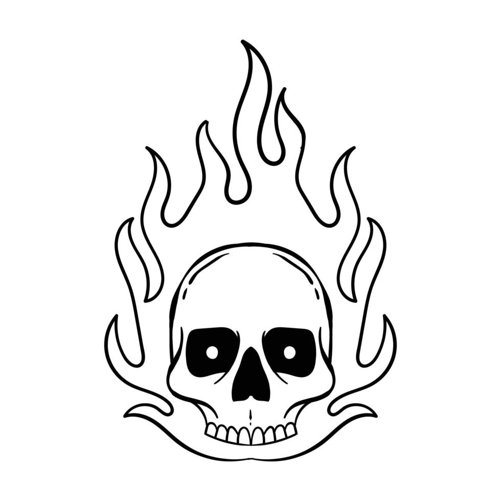 dibujado a mano ilustración de garabato de fuego de cráneo para pegatinas de tatuaje, etc. vector premium