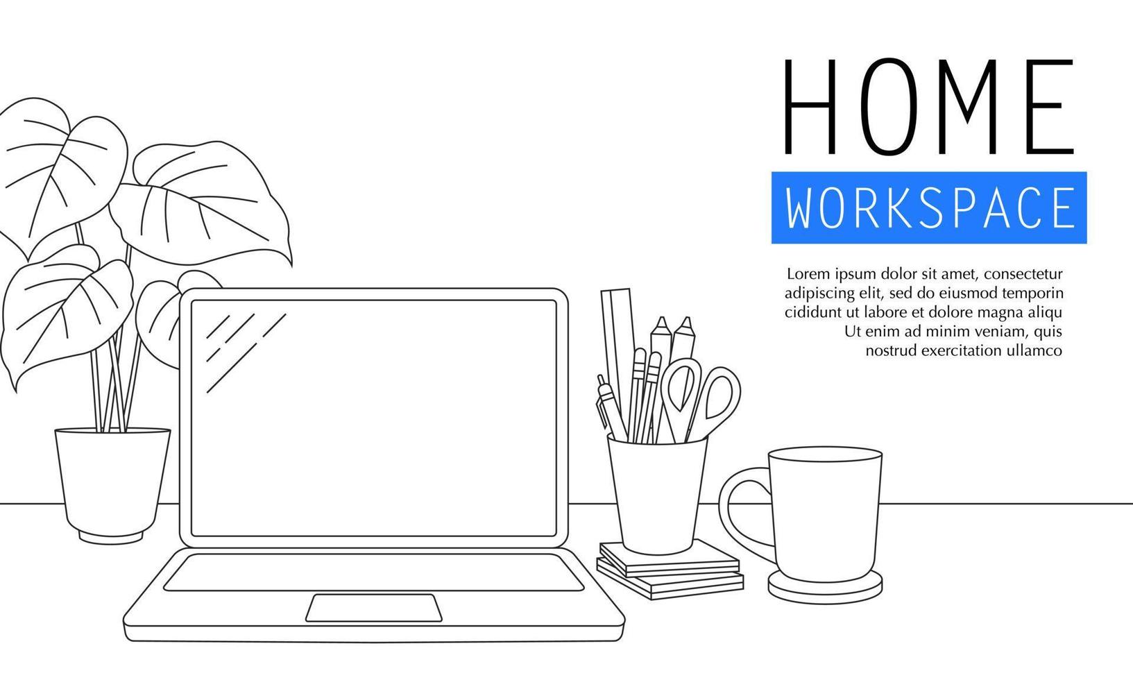 ilustración vectorial del escritorio de trabajo en casa con estilo delineado. adecuado para elementos de diseño de trabajo desde casa, espacio de trabajo independiente y seminario en línea. vector