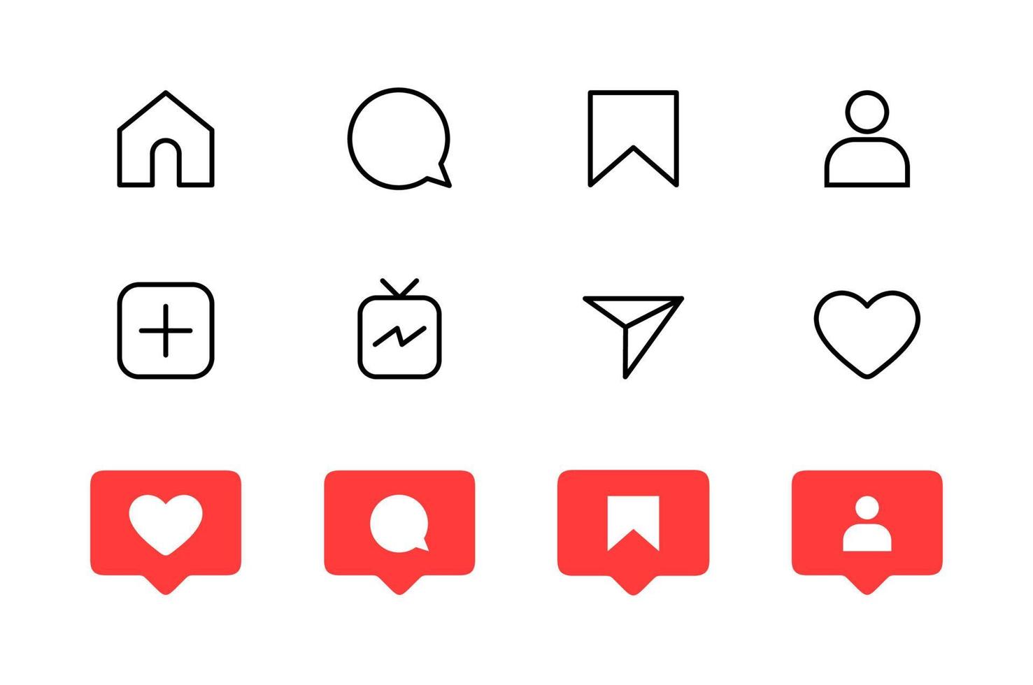 social media flat icons set notification speech bubble for like share save comment buttons Camera Search Heart Home web symbols and icons Free Vector