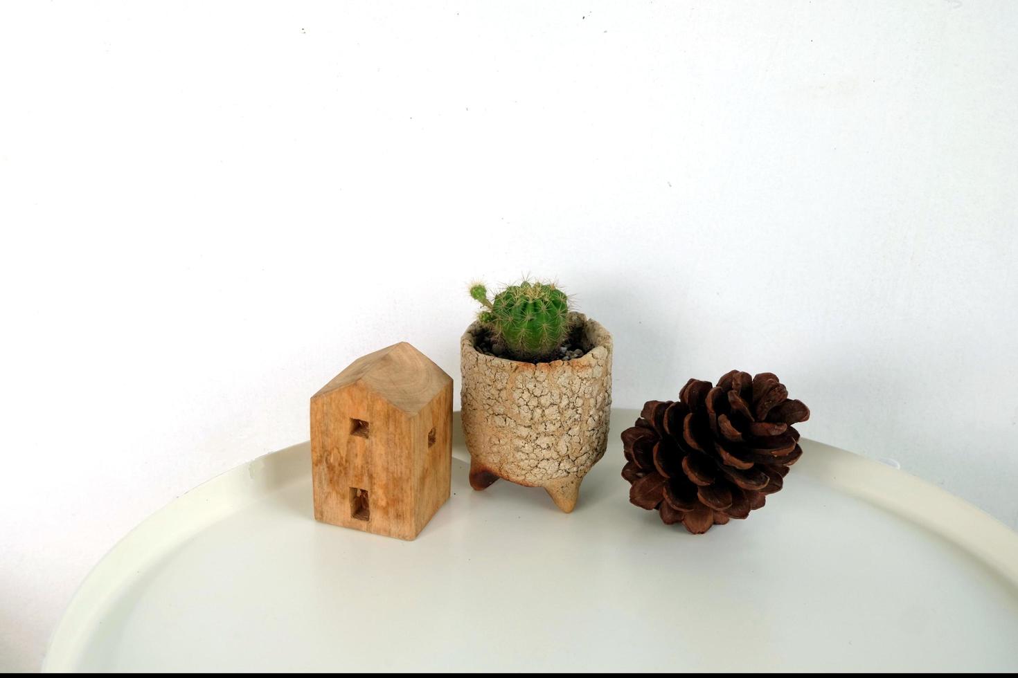 Capa decorada con pequeños catus en maceta y piña seca y modelo de casa de madera. área blanca para espacio de copia. concepto de banco, bienes raíces, casa, hogar, préstamo, interior o arquitectura foto