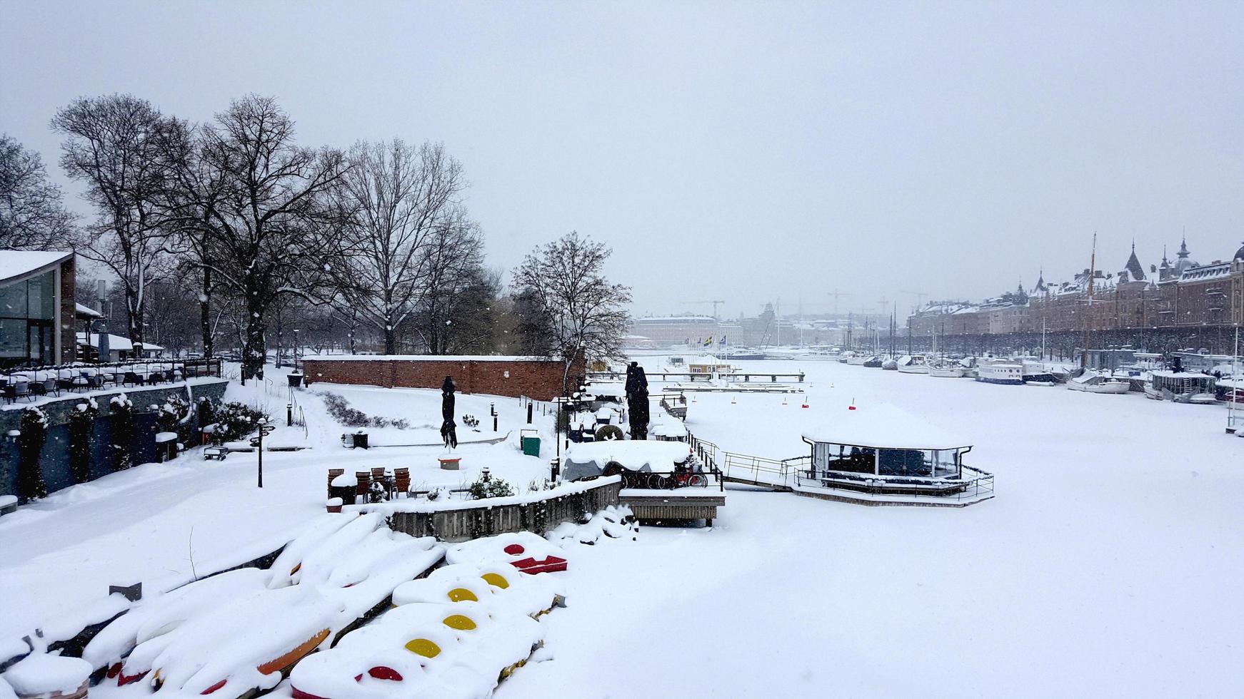 Winter, Frozen Norrstrom River, Stockholm, Sweden. For use as background or wallpaper with copy space photo