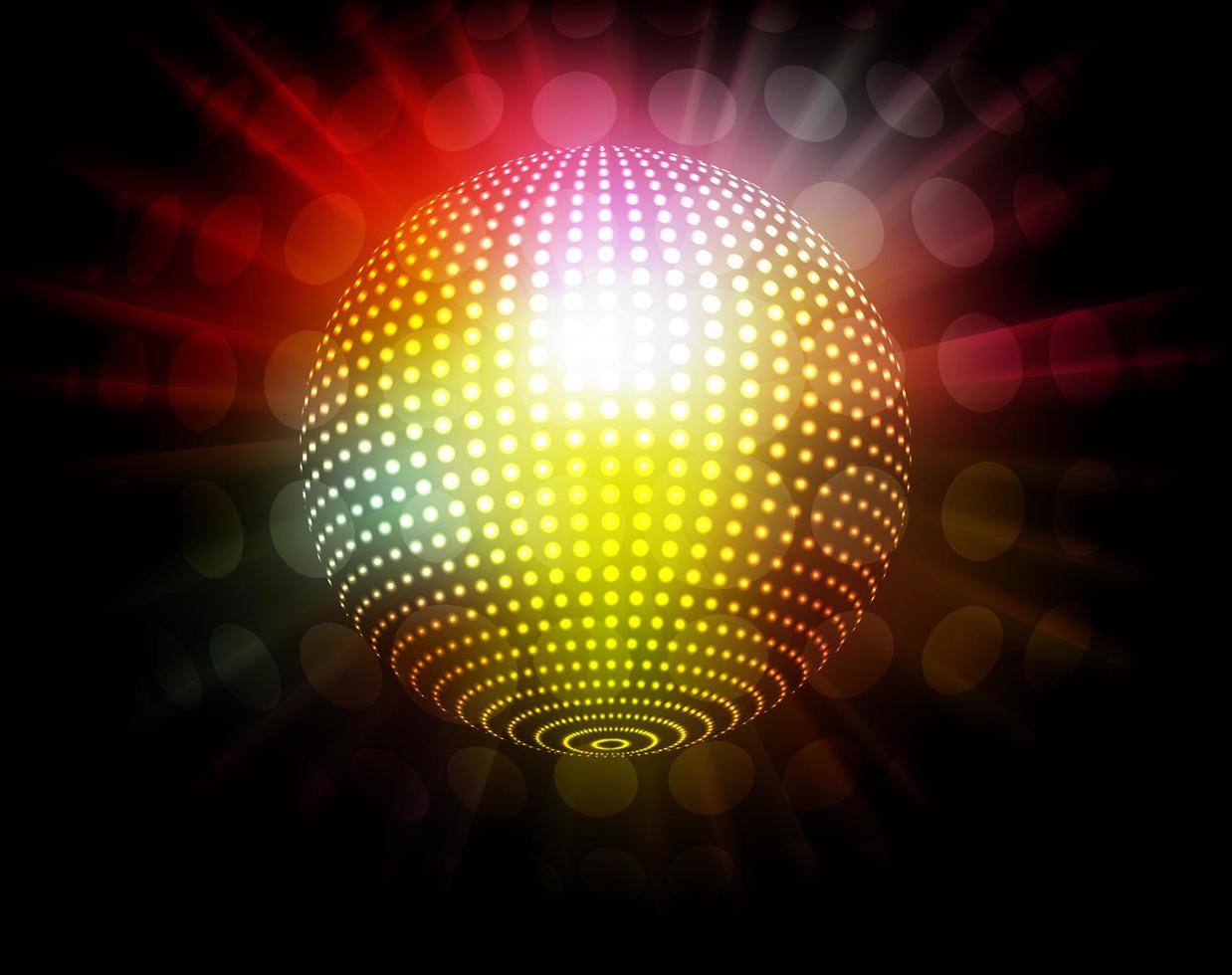 Abstract vector party background with stylized disco globe colorful light rays. Dotted glowing design elements.