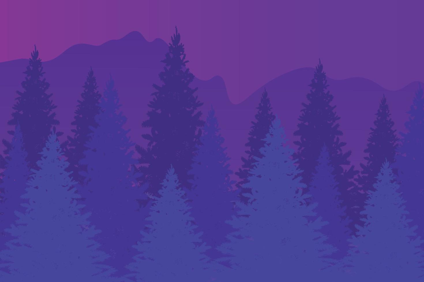 Silhouettes of spruce trees against the backdrop of mountains and the sky, background in blue and purple tones vector