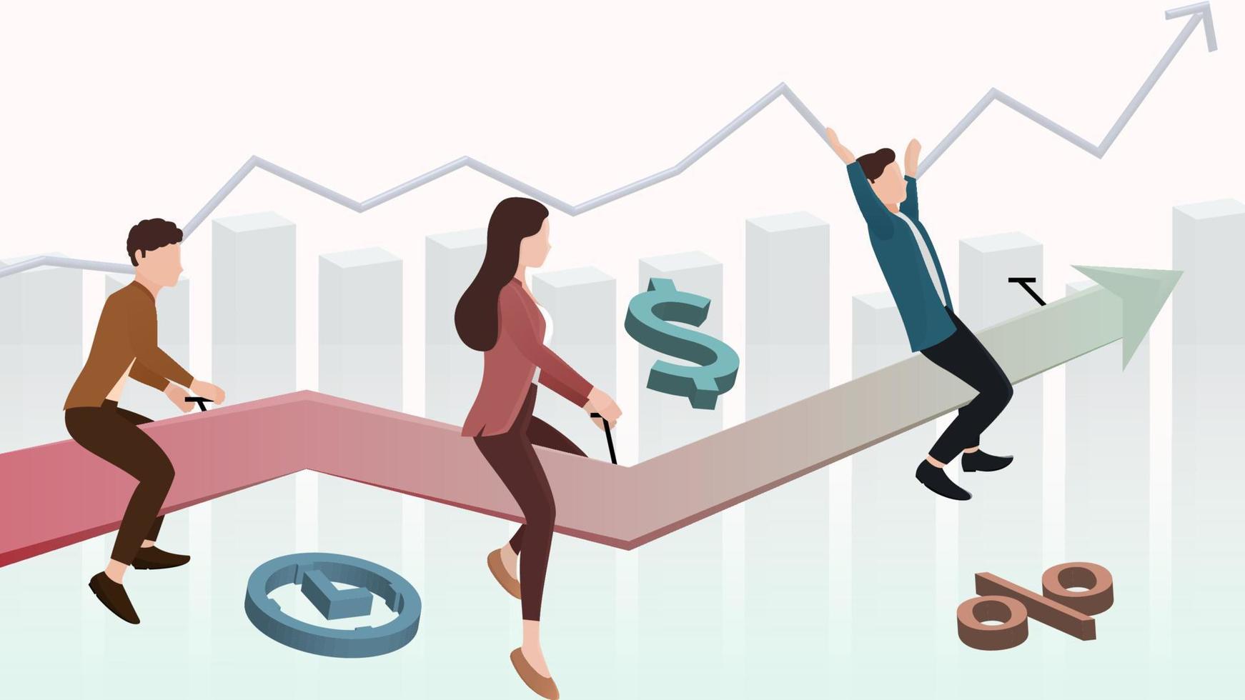 Good leader - business concept vector illustration, three people riding on arrow shape vector illustration on fluctuating graph background.