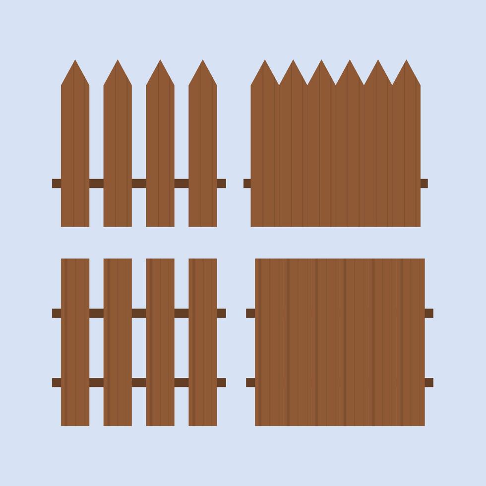 Set of vector illustrations of the fence. Different kinds of fence. Wooden fence in brown color. Vector fence in flat cartoon style