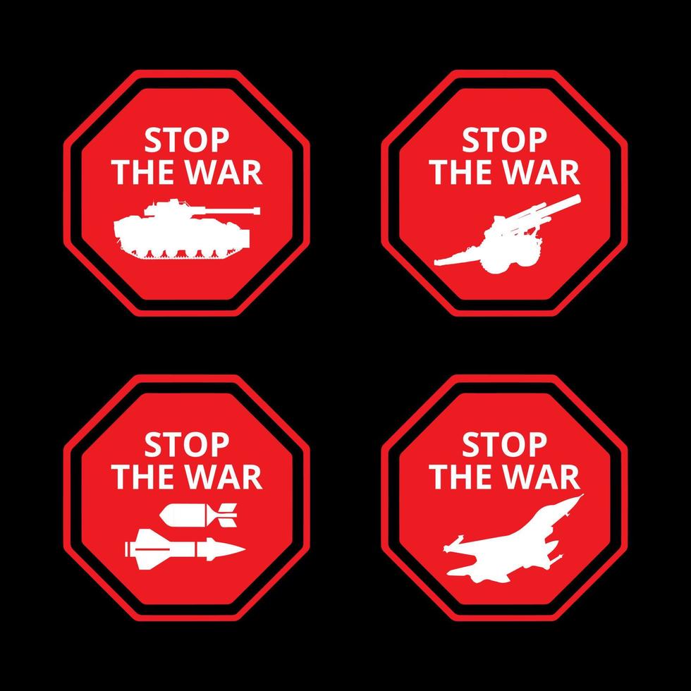 Stop the war warning sign vector. Stop the war icon illustration with silhouette of tank, cannon, missile bomb, and war plane. vector