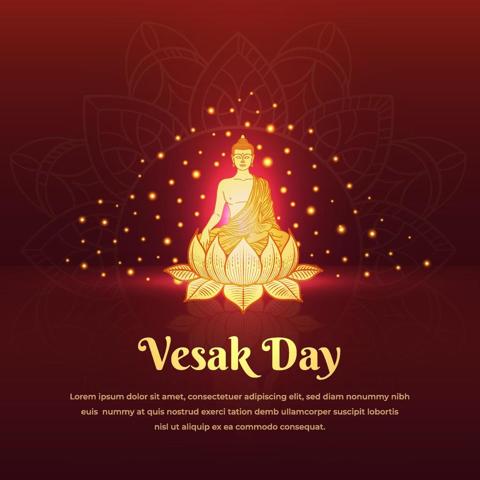 Vesak day background with silhouette of lord buddha and sparkling light and glitter glow effect. vector