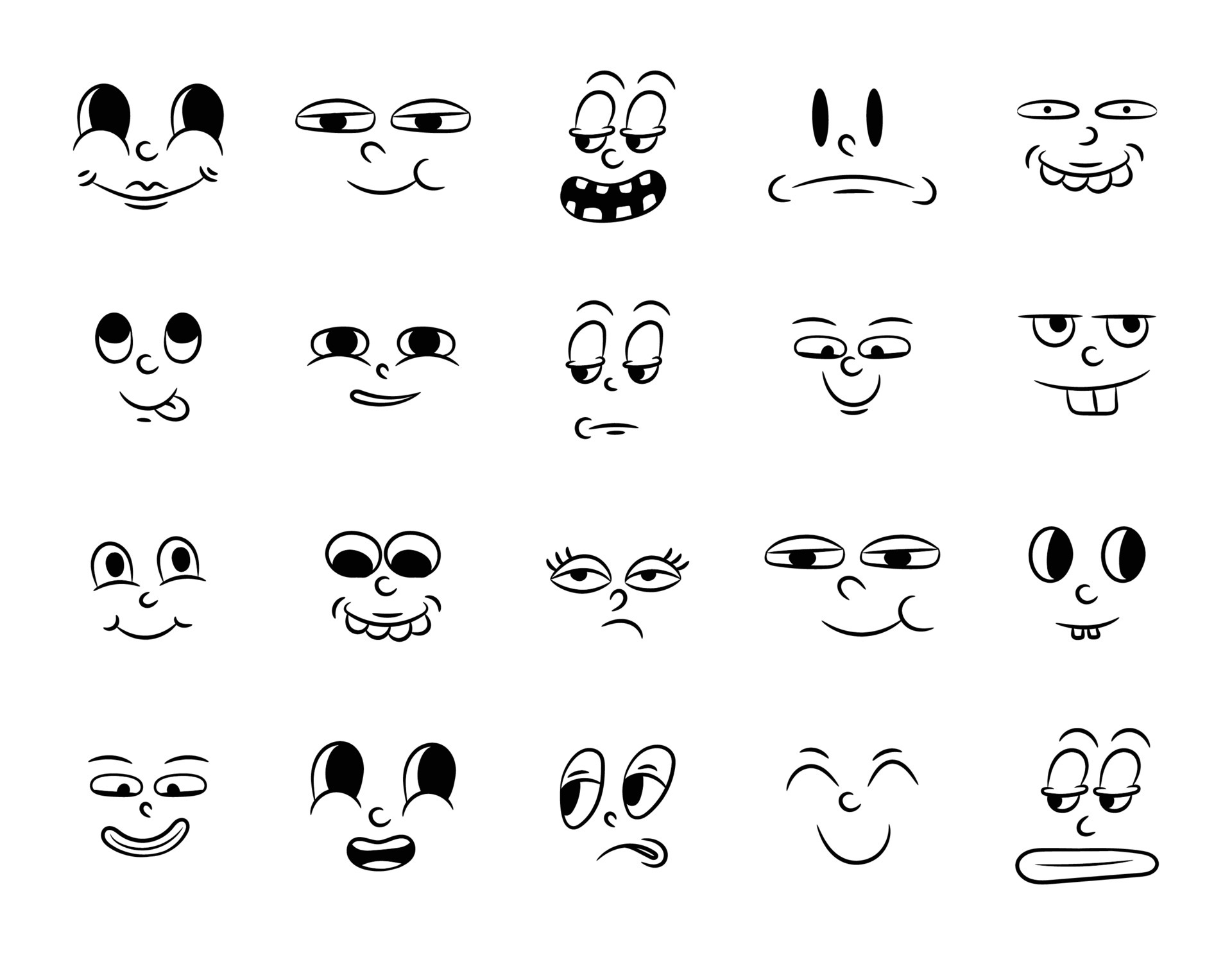 Collection of old retro traditional cartoon animation. Vintage faces of  people with different emotions of the 20s 30s. Emoji character expressions  50s 60s. Head faces design elements in comic style 6418739 Vector
