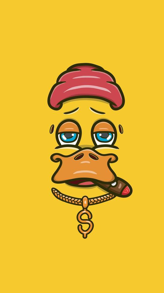 cara de pato amarillo de dibujos animados lindo con expresión de relajación. Fondo de papel tapiz de póster vectorial. vector