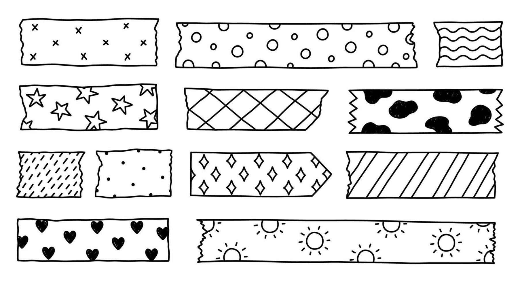 Set of washi tape strips with various cute designs isolated on white background. Scotch paper sticker. Vector hand-drawn illustration in doodle style. Perfect for cards, decorations.