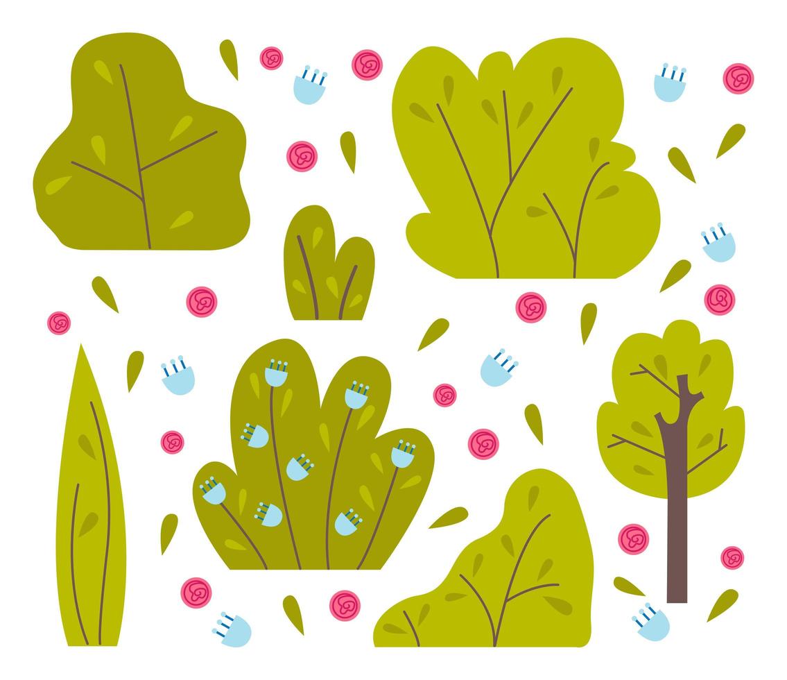 Bushes and trees, with flowers. Floral design for patterns or postcards. Foliage, green spaces. Flat vector illustration