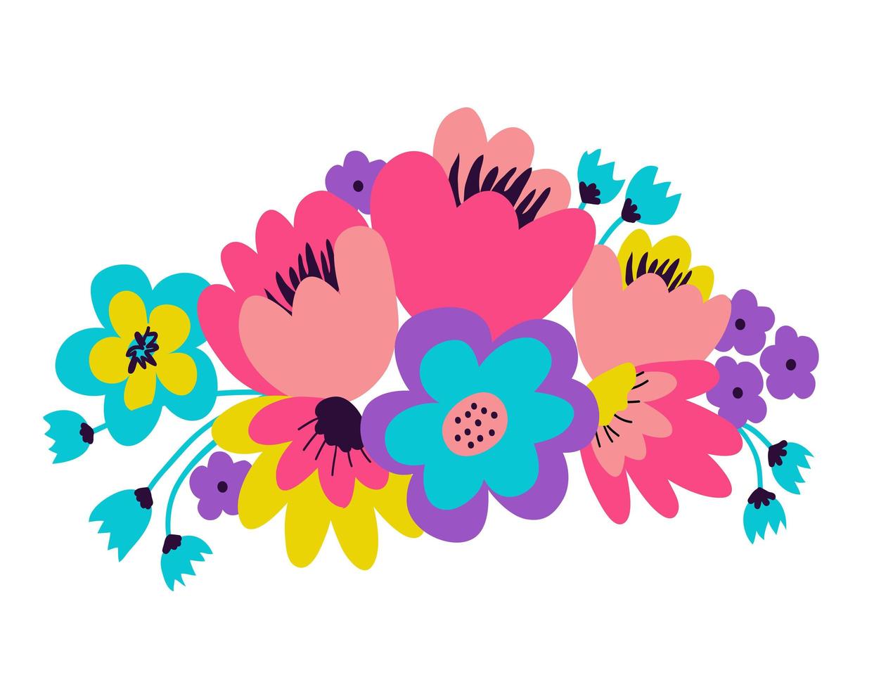 Spring flowers bouquet illustration. Flower illustration for gift card. Drawing flowers. Arrangement for gift. Floral design vector