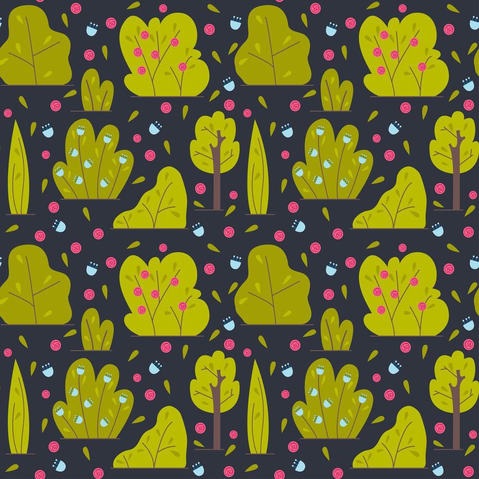 Bushes and trees, with flowers. Floral design for patterns or postcards. Foliage, green spaces. Flat vector illustration