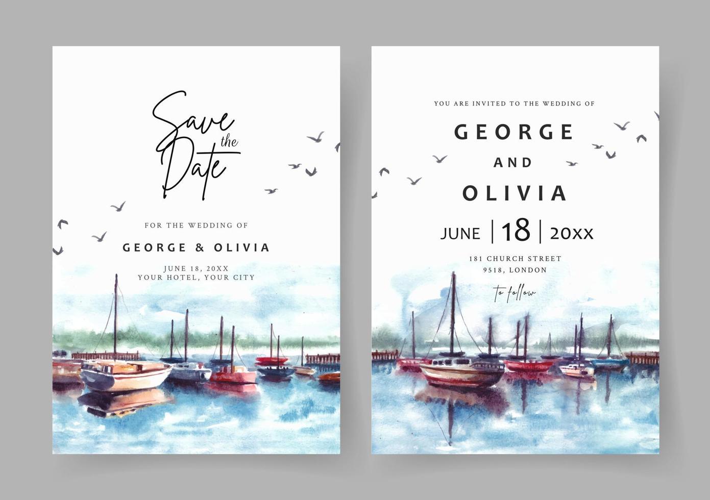 Wedding invitation of nature landscape with harbor and boat watercolor vector