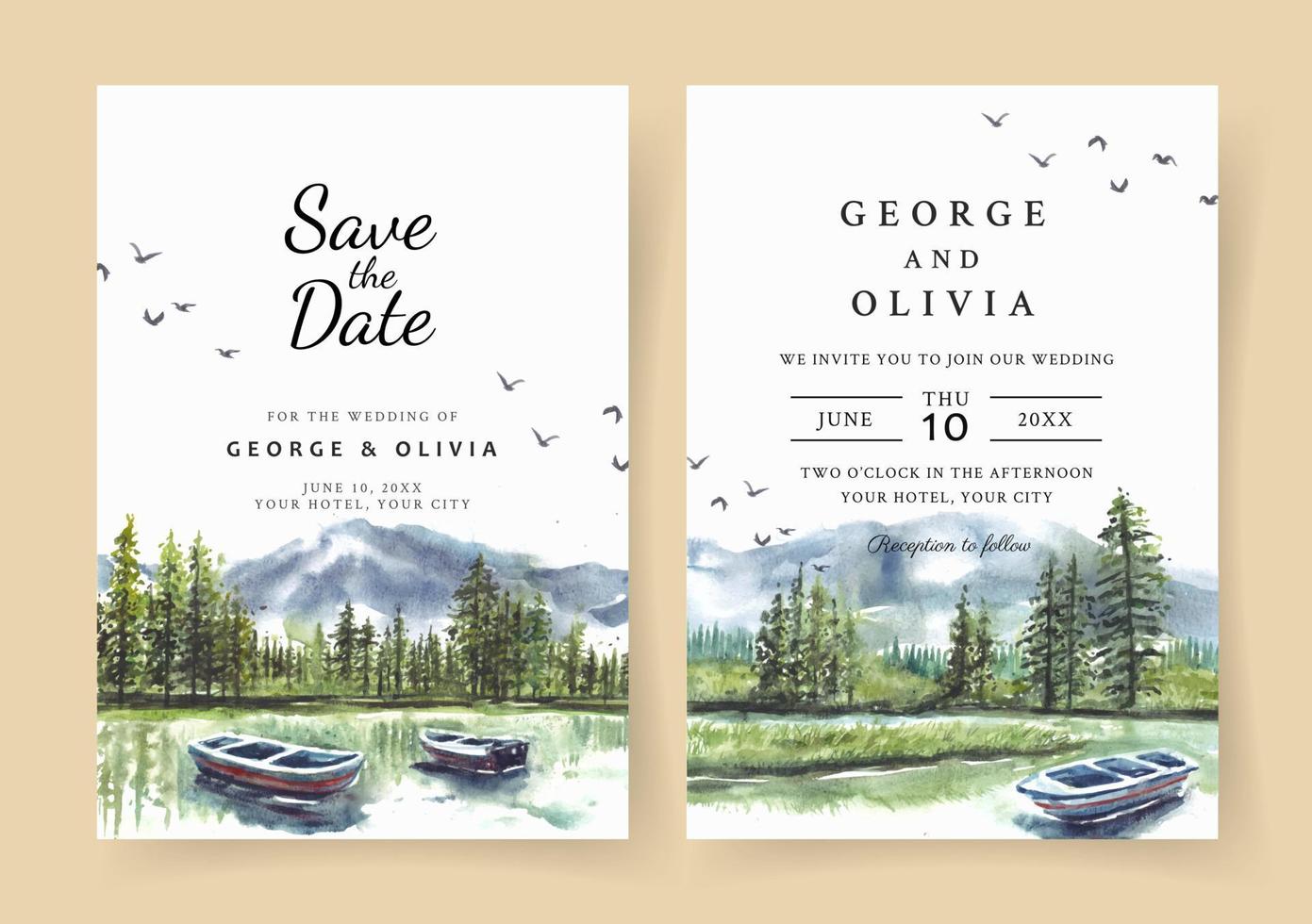 Watercolor wedding invitation with reflection of pine forest and boat in lake vector