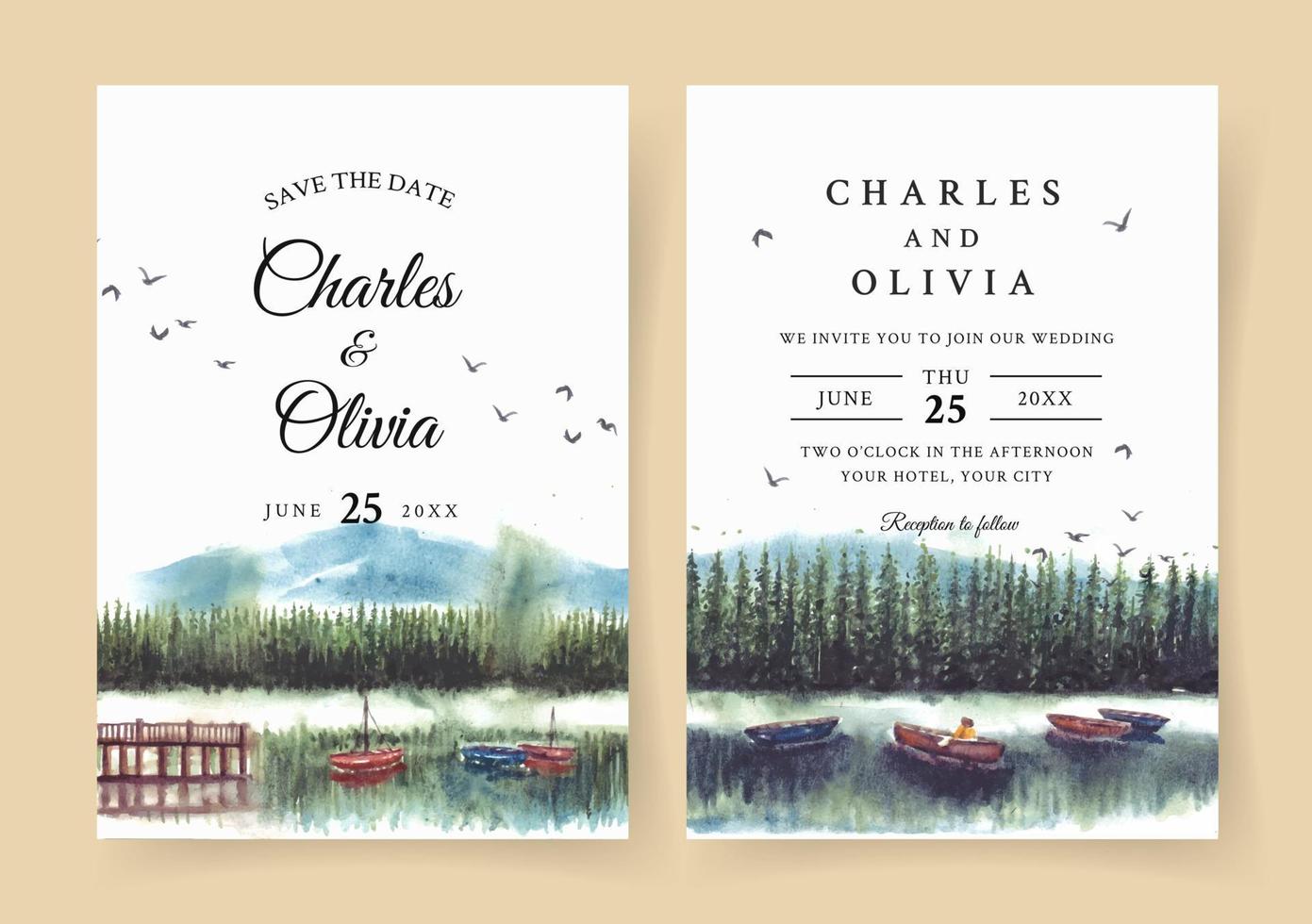 Watercolor wedding invitation with reflection of pine forest and boat in lake vector