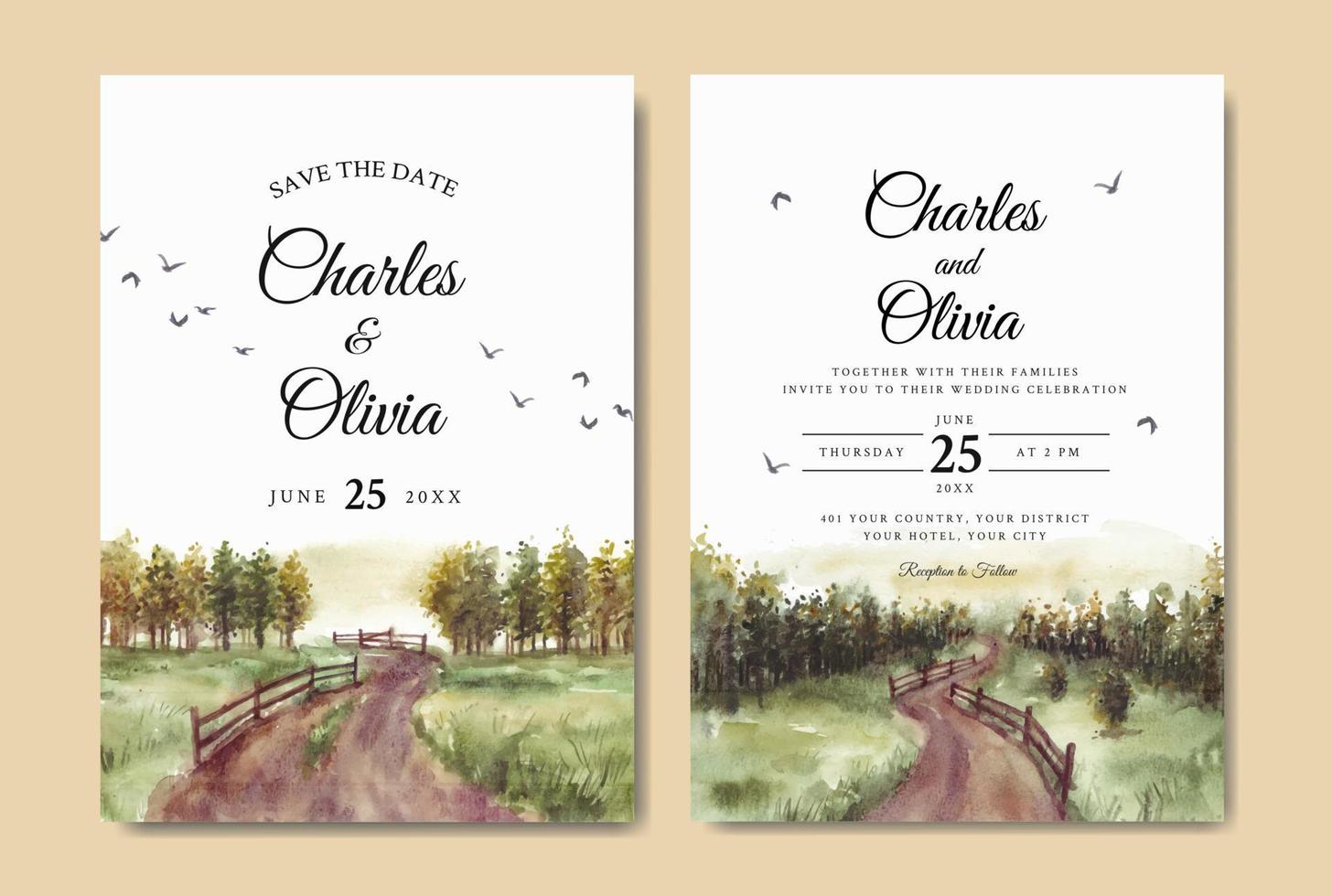 Wedding invitation of morning nature landscape with road and fence watercolor vector