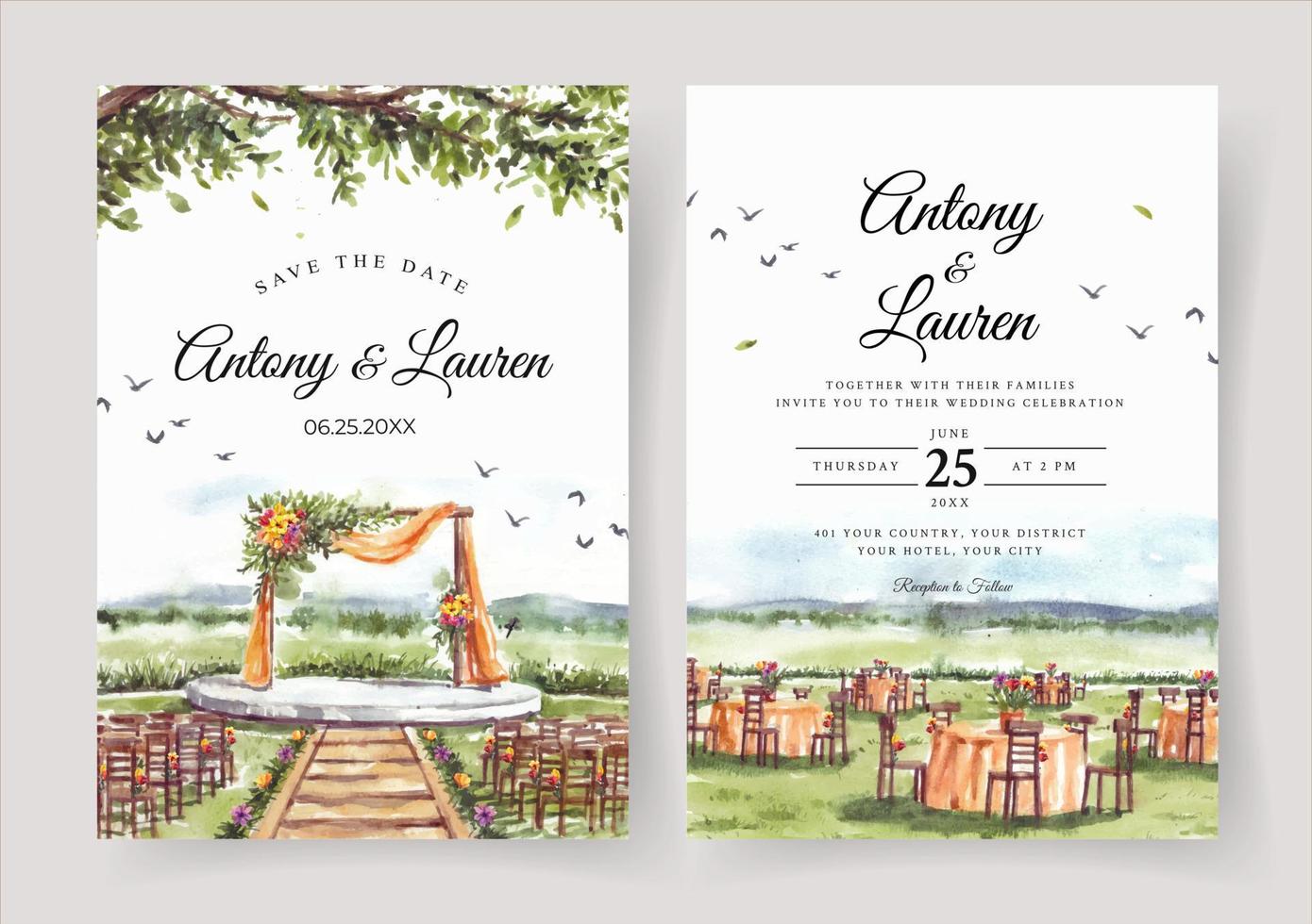 Wedding invitation of nature landscape with beautiful wedding gate view watercolor vector