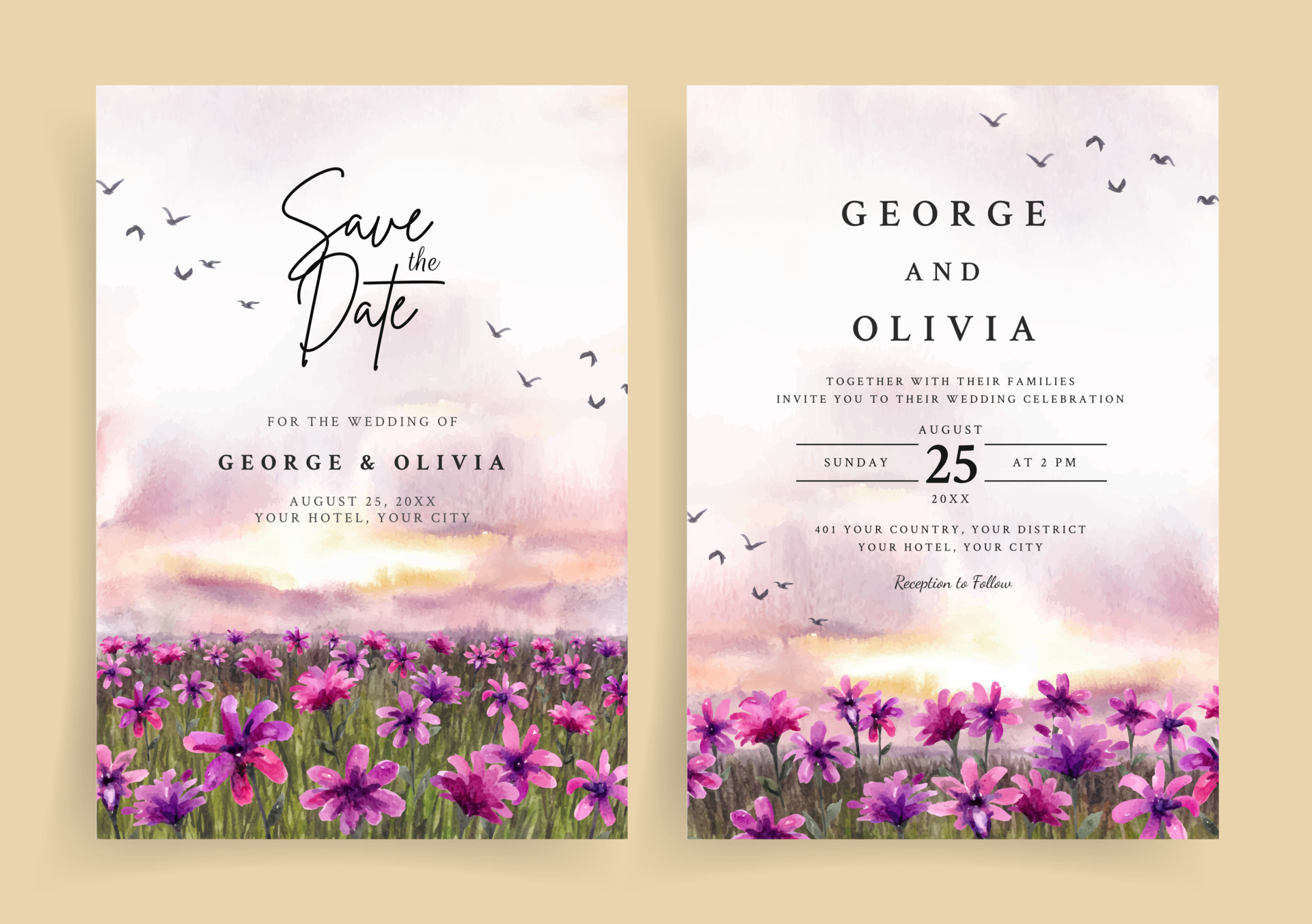 Wedding invitation of sunset nature landscape with beautiful purple