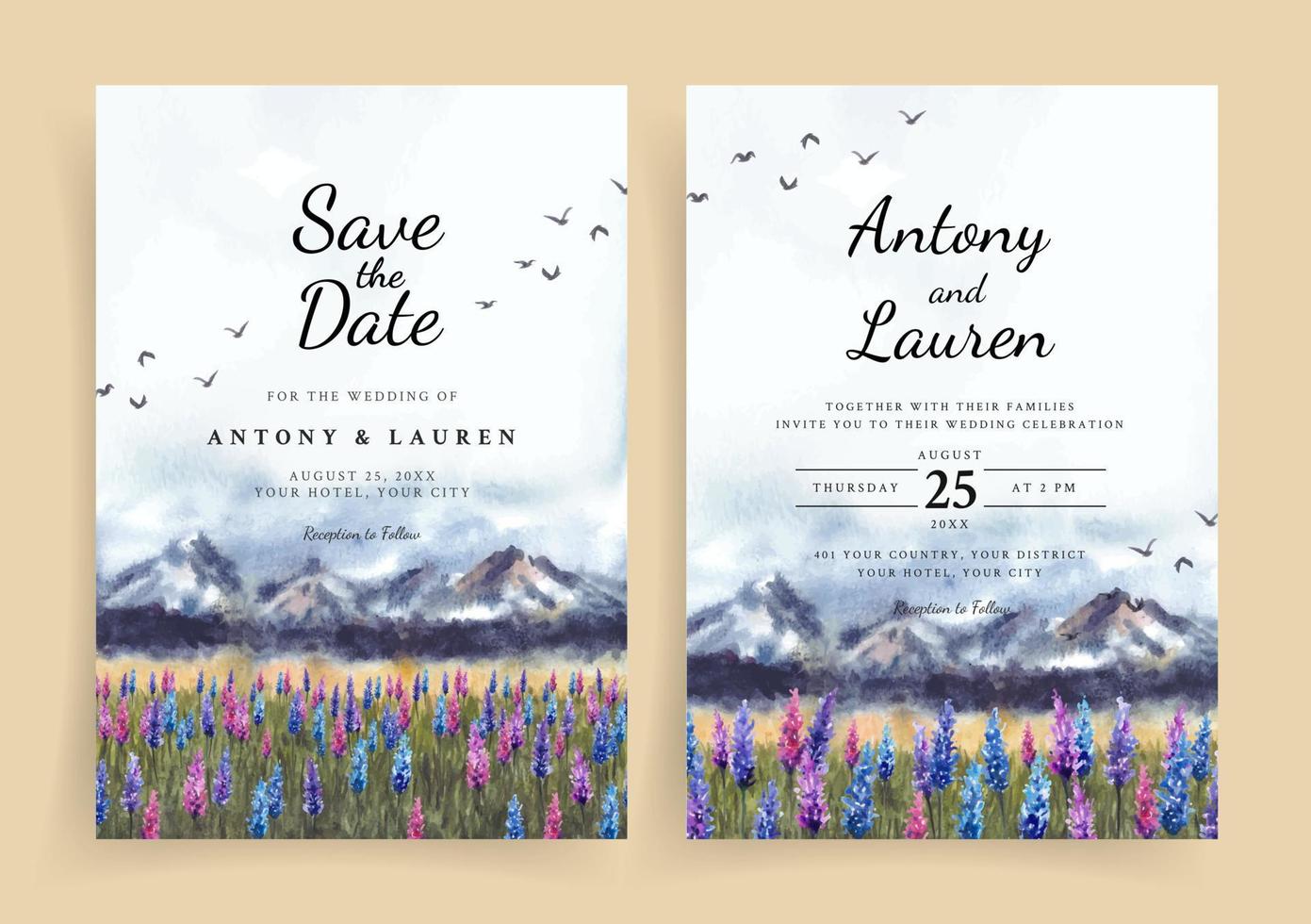 Watercolor wedding invitation with beautiful lavender flowers and mountains vector