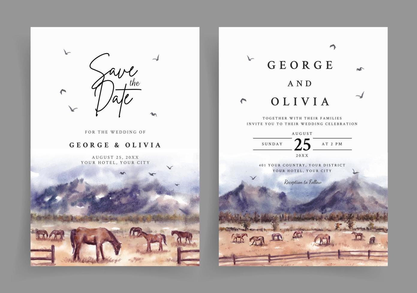 Wedding invitation of horses in savannah nature landscape watercolor vector