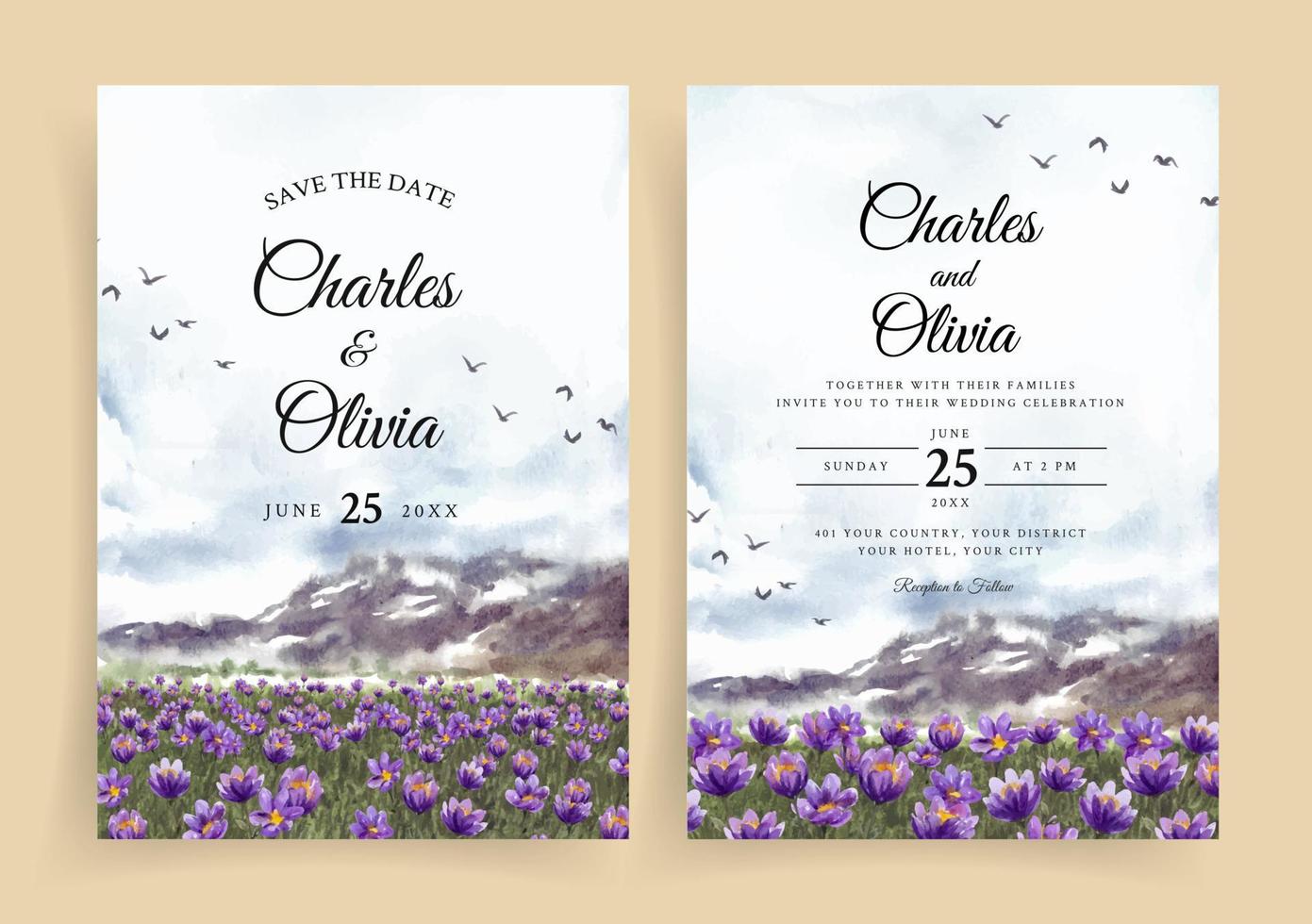 invitación de boda con flores moradas y acuarela de montaña vector