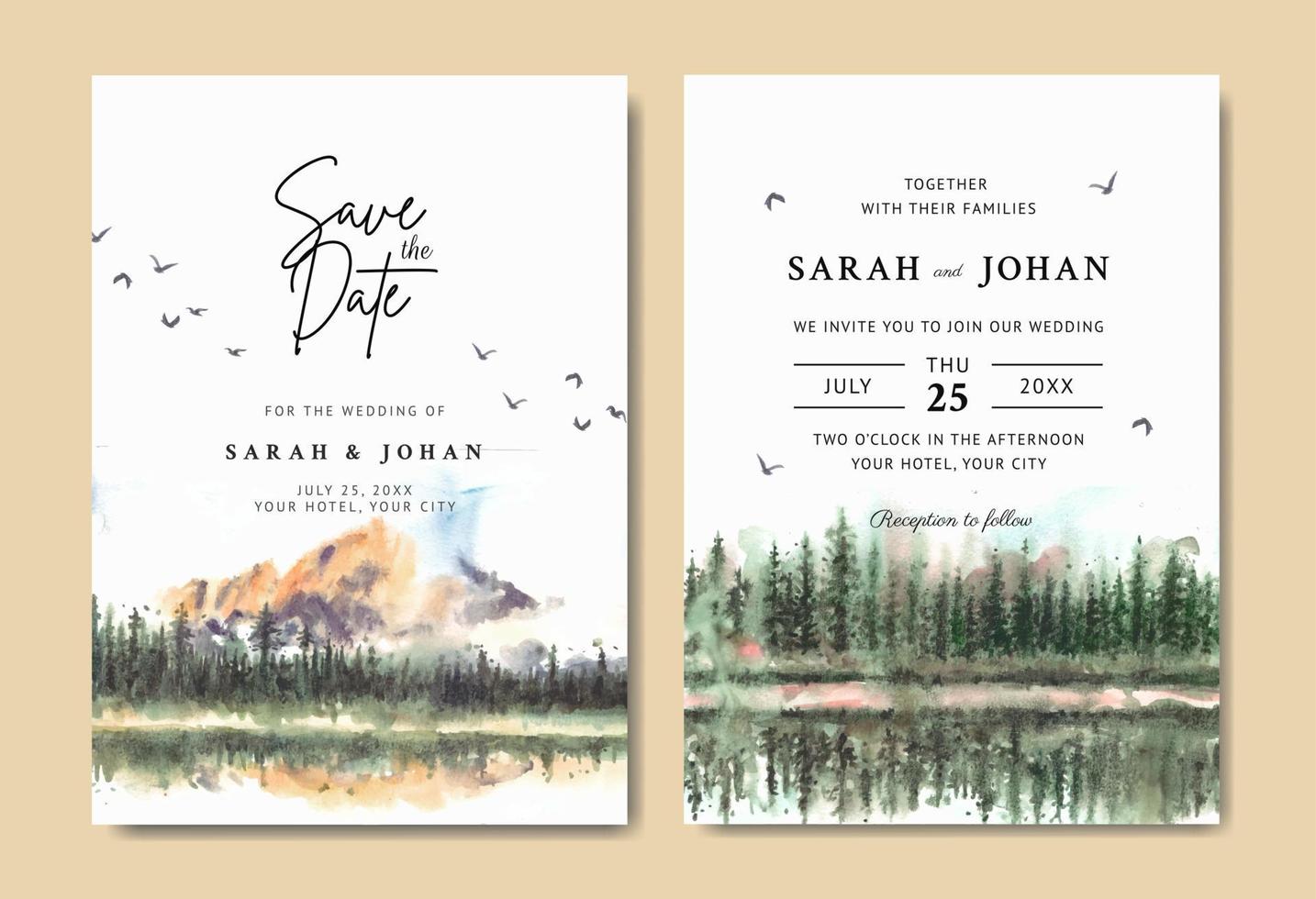 Watercolor wedding invitation with reflection of  beautiful pine trees and mountain in lake vector