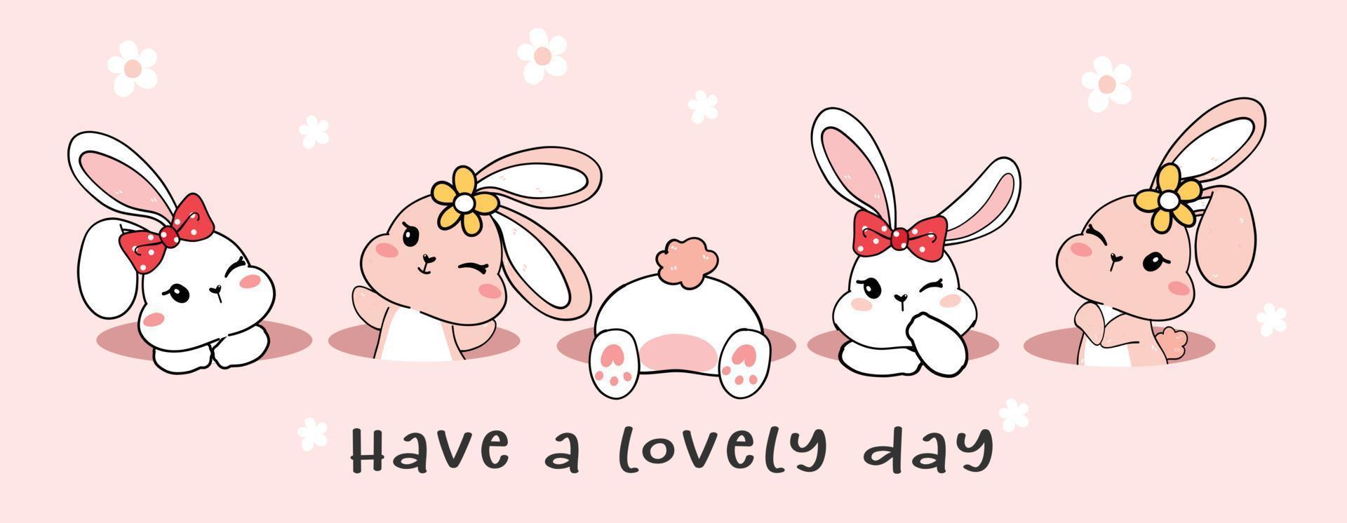 group of cute Happy white baby bunny rabbit in hole, have a lovely day, cartoon drawing outline banner vector