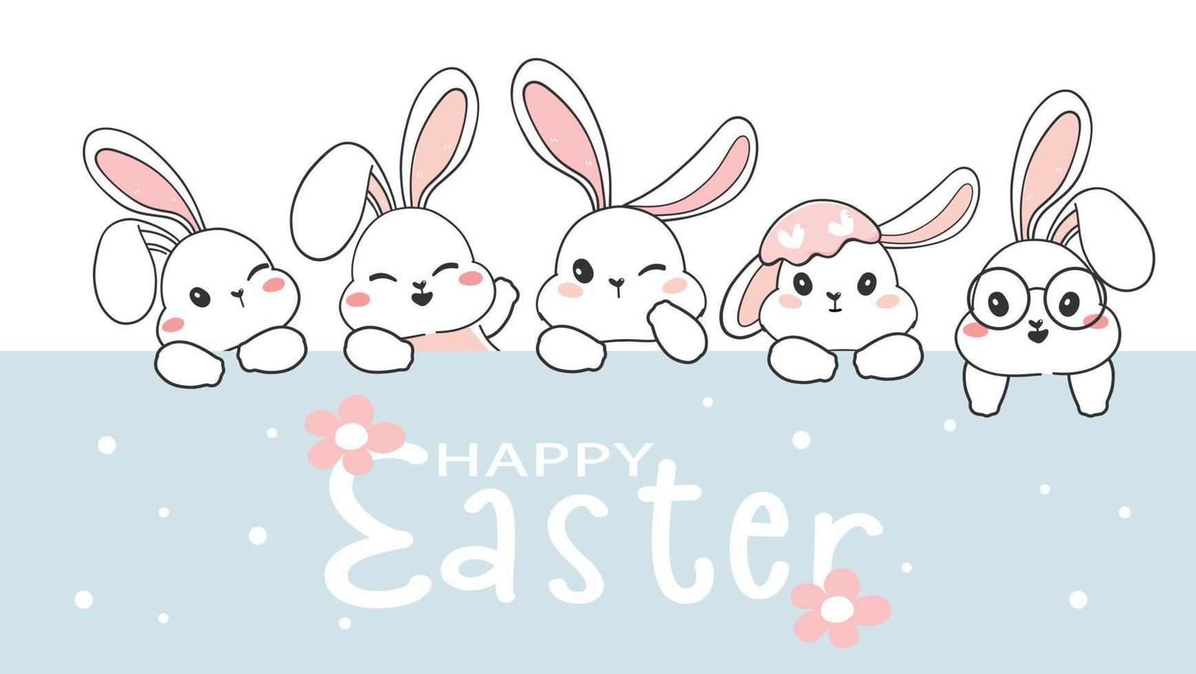 cute Happy Easter greeting card, group of white bunny heads, cute rabbit character set, cartoon wildlife animal holiday drawing vector