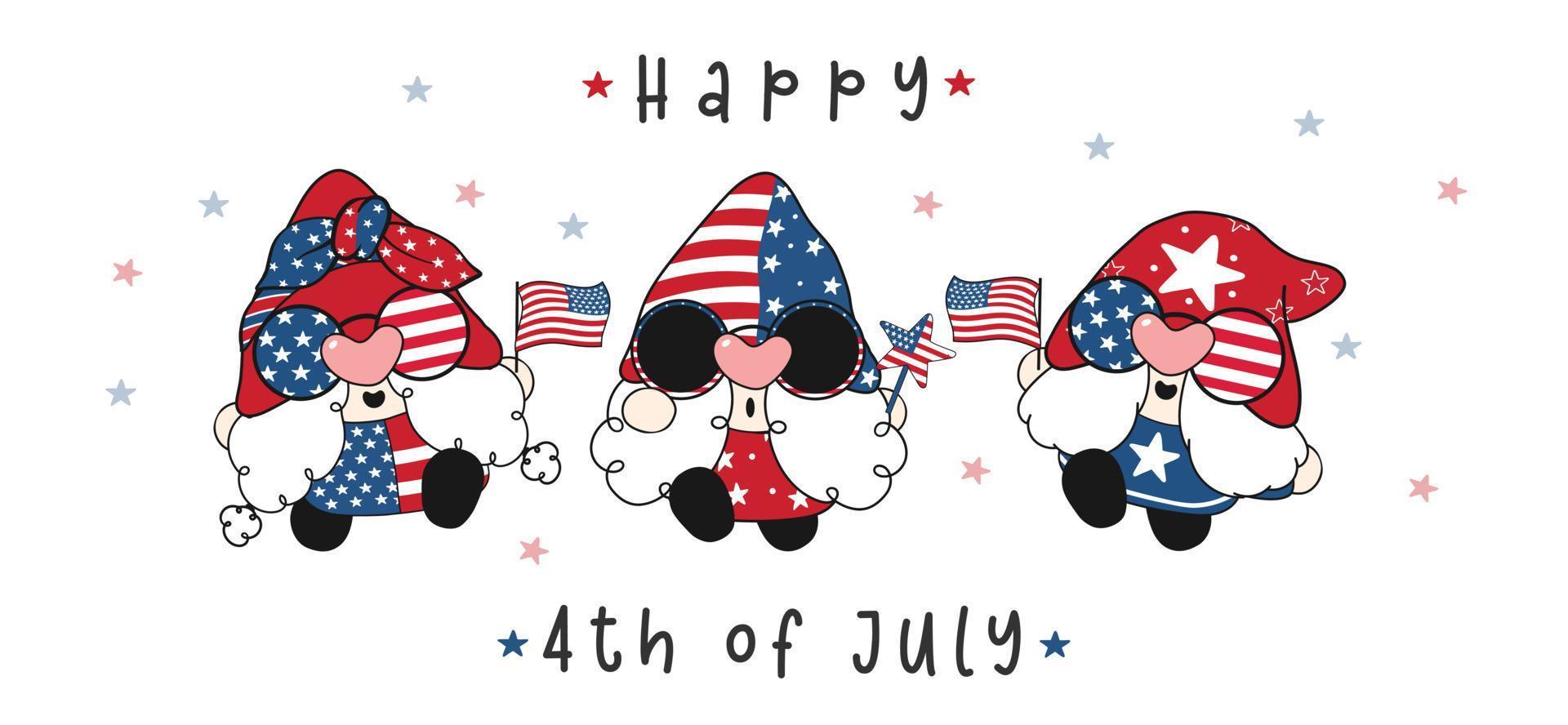 cute 4th of July America independence Gnomes with USA flag, cute fun cartoon drawing vector banner