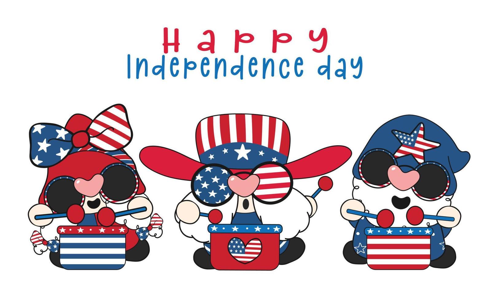 group of three cute happy America rock star gnomes celebrate independence day, cute fun cartoon drawing vector banner.