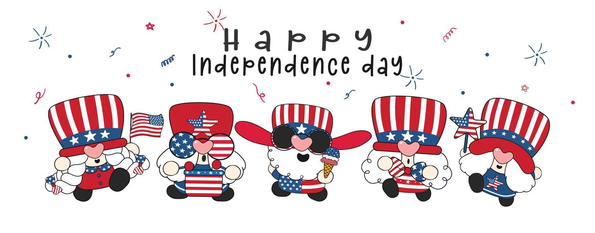 group of five cute happy 4th of July America independence Gnomes celebrating , cute fun cartoon drawing vector banner.