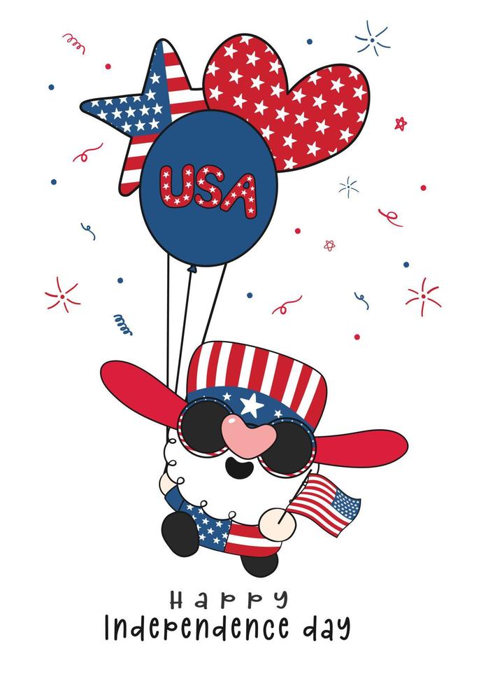 cute happy America gnome celebrate independence day holding nation balloons and USA flag, cute fun cartoon drawing vector banner.