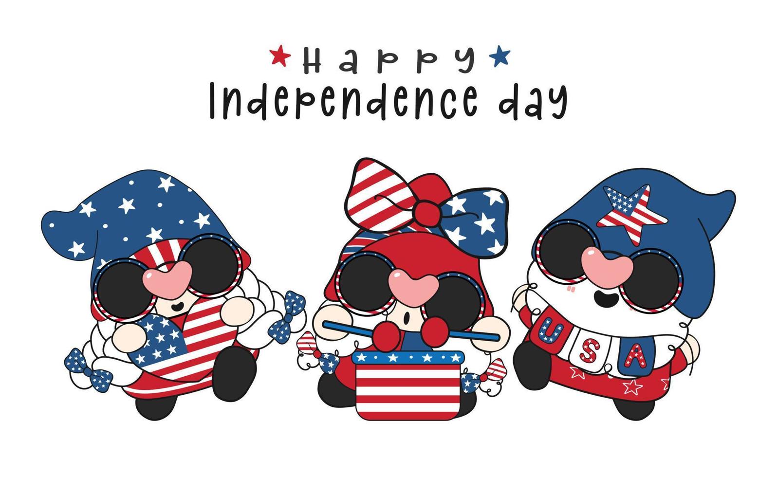 group of three cute happy America rock star gnomes celebrate independence day, cute fun cartoon drawing vector banner.