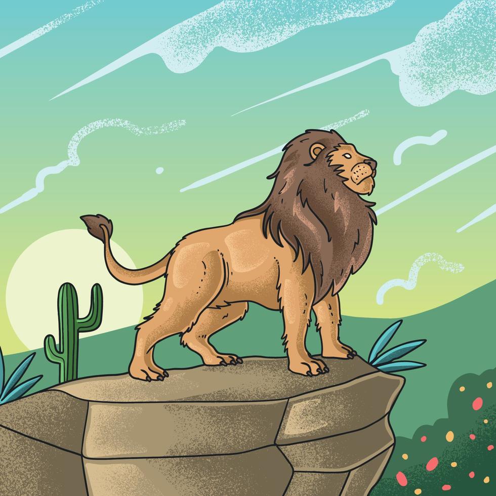 el león fuerte mira hacia el cielo en el acantilado vector