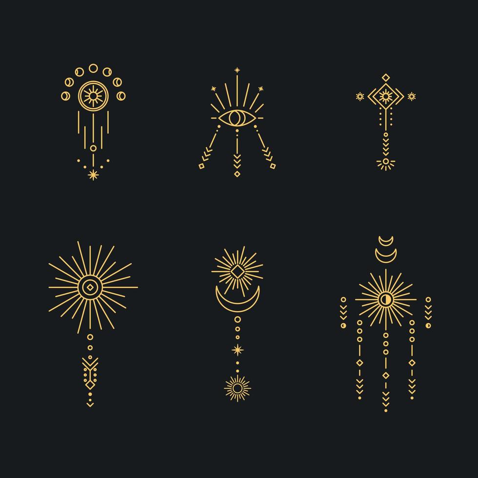 Set of moon and sun line art. Minimal boho linear symbols. Celestial mystic element. Vector line art illustration.