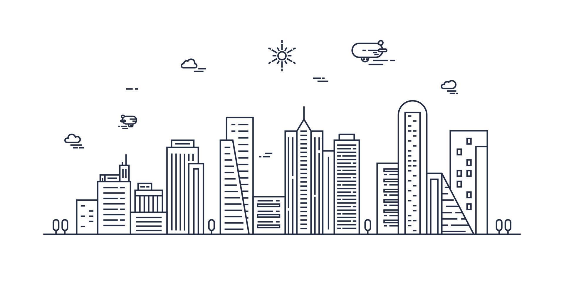 Cityscape. Modern flat line landscape vector. City landscape line art illustration with building, tower, skyscrapers. Vector illustration.