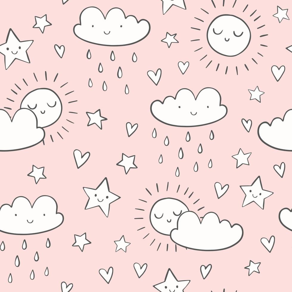 Doodle vector seamless pattern. Sun, clouds, raindrops, stars. Sky illustration for baby shower or nursery.