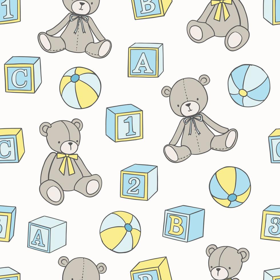 Baby toys hand drawn pattern. Vector seamless background with teddy bear, bulding blocks and balls.