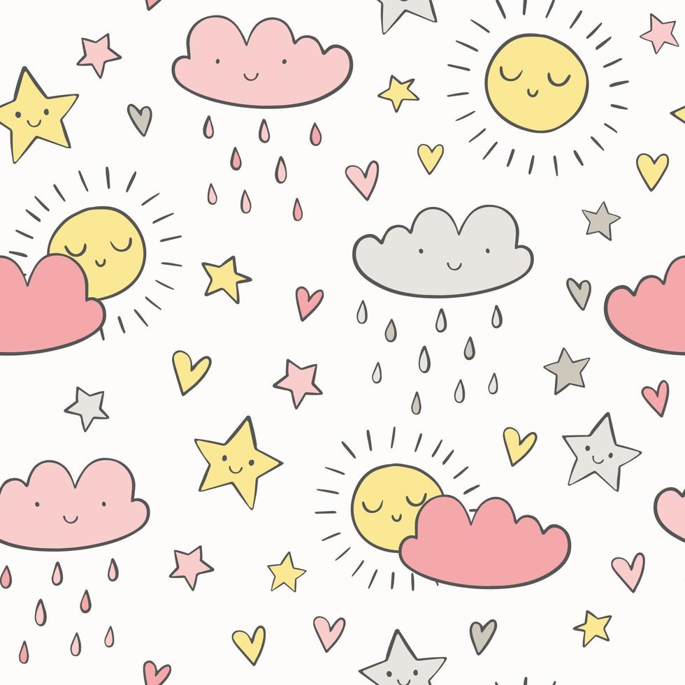 Cute sky pattern in doodle style. Hand drawn sun, cloud, raindrops, stars seamless background. vector