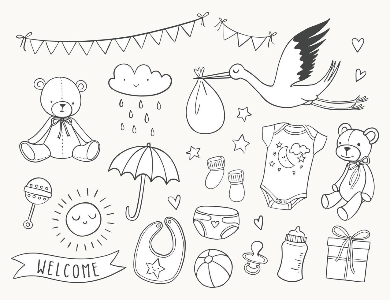 Baby shower hand drawn set. New baby items and icons. Cute doodle illustrations including teddy bear, baby clothes, bib, bottle, cloud, bunting banners, diaper, stork. vector