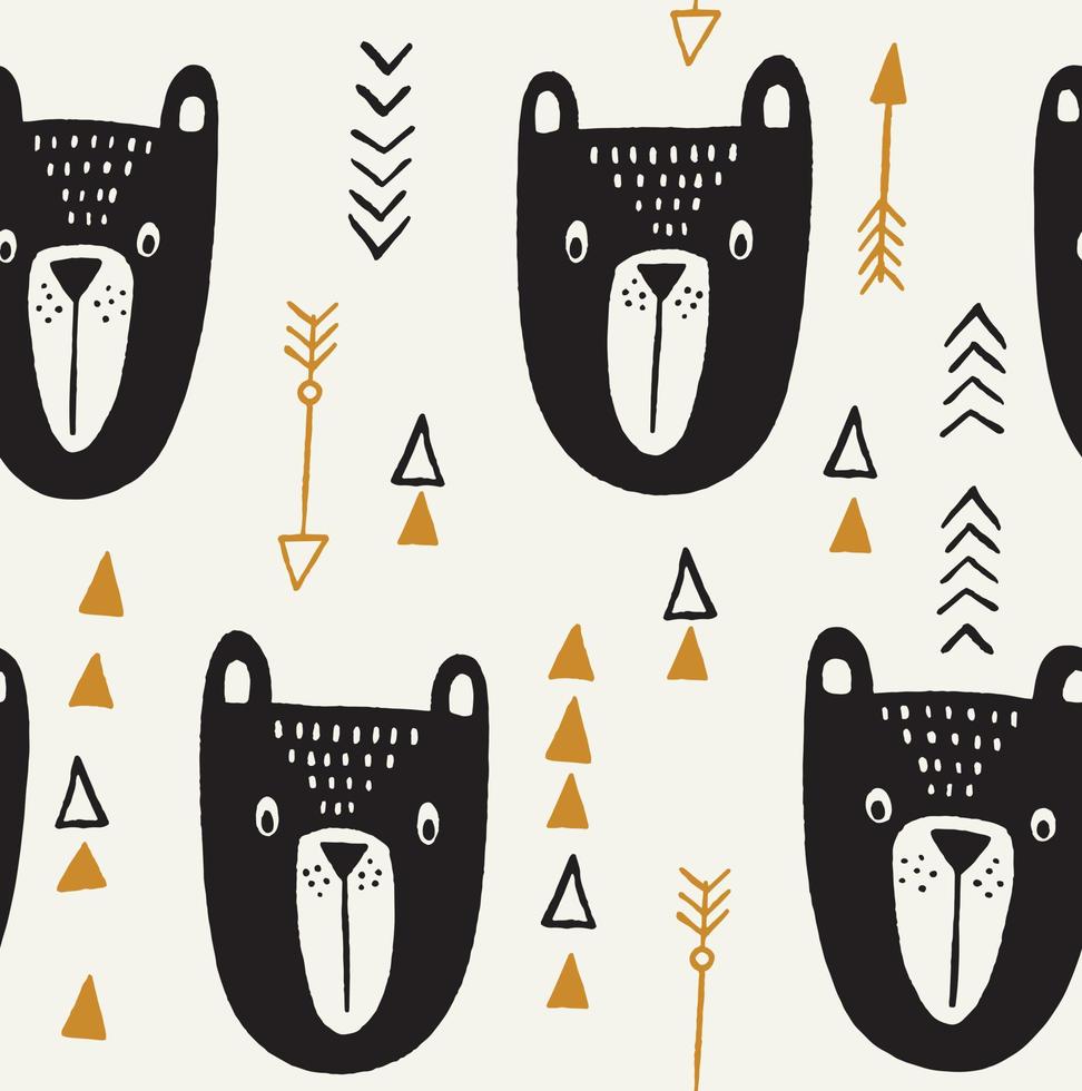 Tribal bear vector pattern. Native american cartoon background with arrows and triangles for kids clothing.