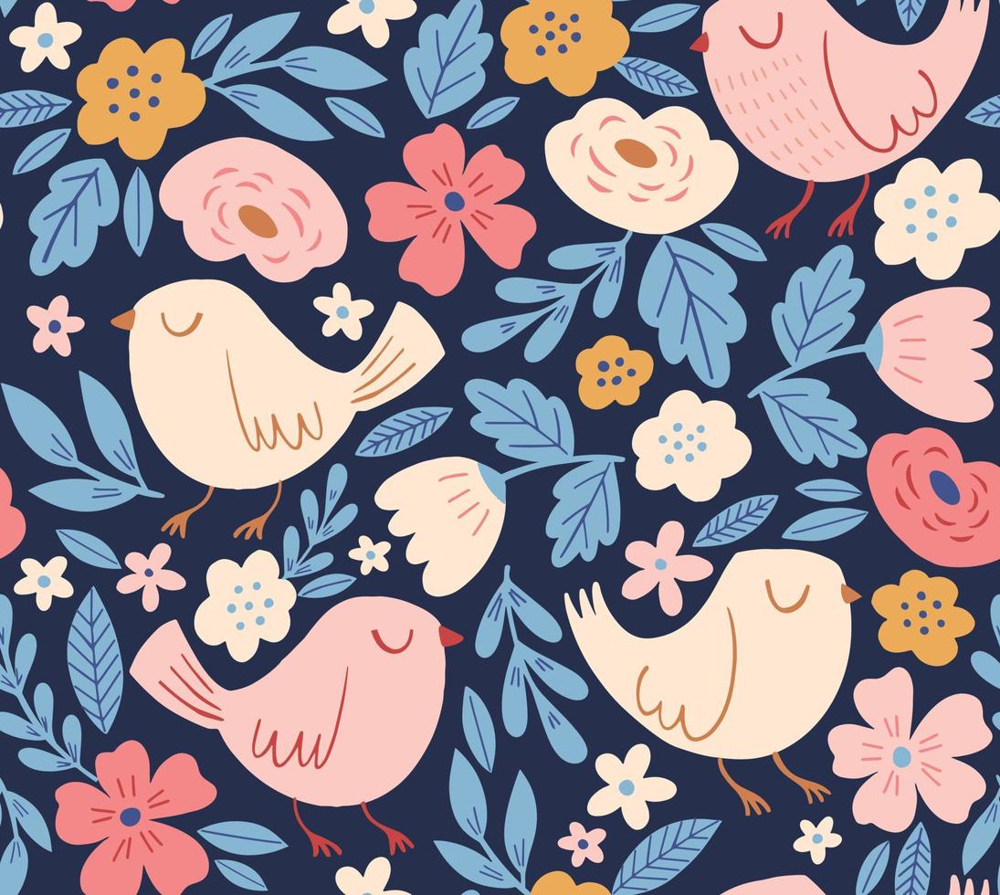 patrón de vectores florales con pájaros. fondo transparente vintage retro con flores de primavera, pájaros y hojas. estilo de dibujos animados, diseño de impresión infantil dibujado a mano.