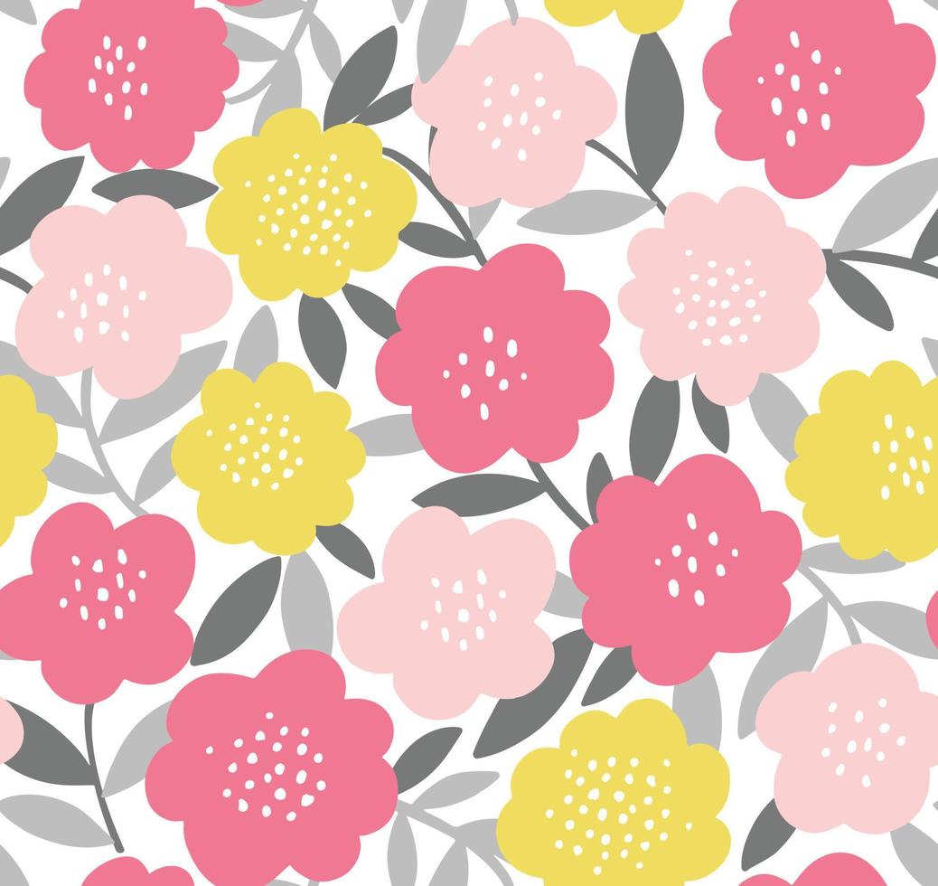 patrón floral de repetición sin costuras de moda. impresión vectorial con flores y hojas sencillas y modernas en rosa, amarillo y gris. vector