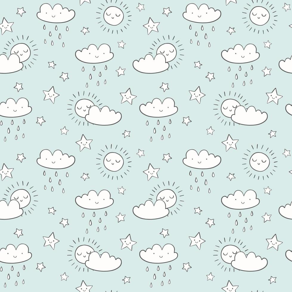 Doodle sky vector pattern. Cute hand drawn sun, clouds, stars and raindrops. Seamless background.